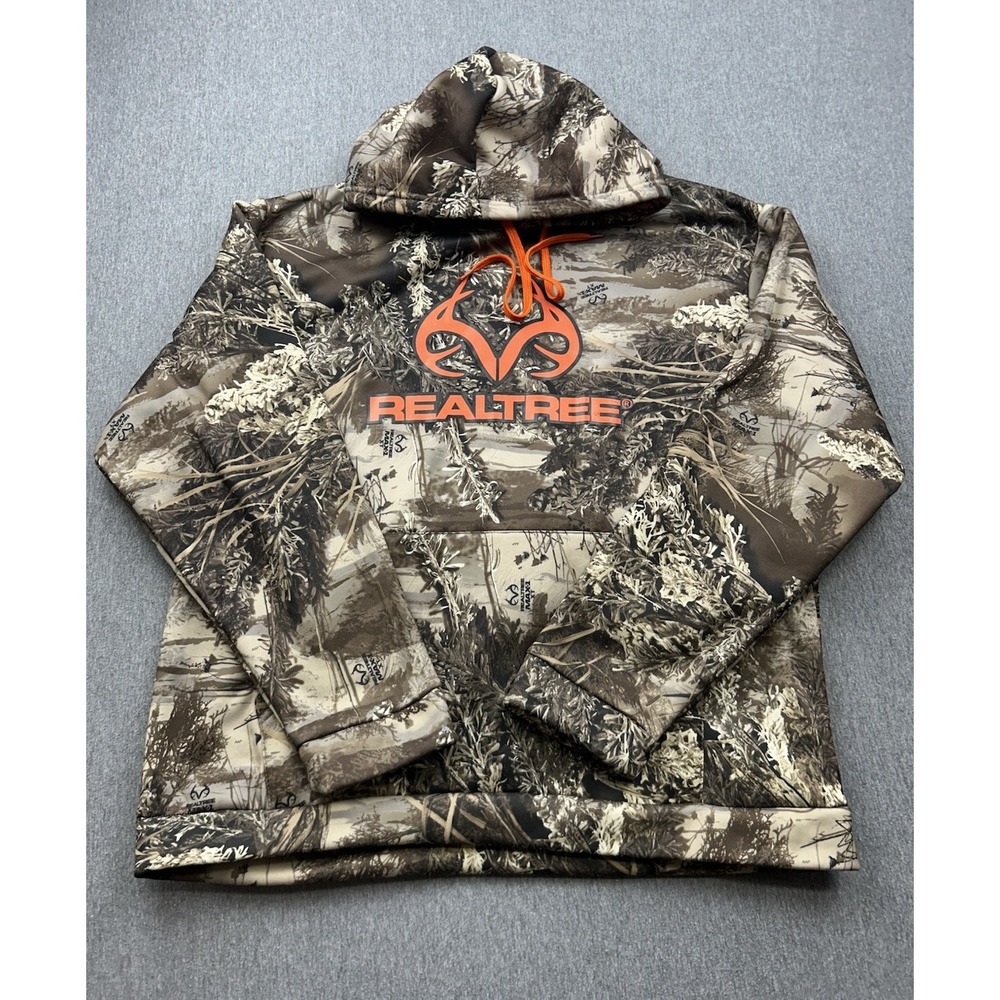 Realtree Max-1 Xt Mens Large Hunting Hoodie Camo Sweatshirt Orange Logo Spellout